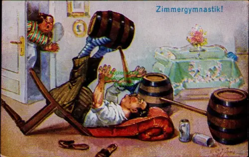 168897 AK Zimmergymnastik Künstlerkarte München Kgl. Hofbräuhaus Pächter Hans Ba