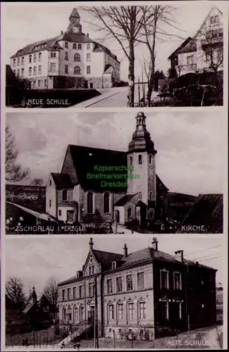 168834 AK Zschorlau im Erzgebirge Foto Hamann um 1980 NEUE SCHULE KIRCHE ALTE SC