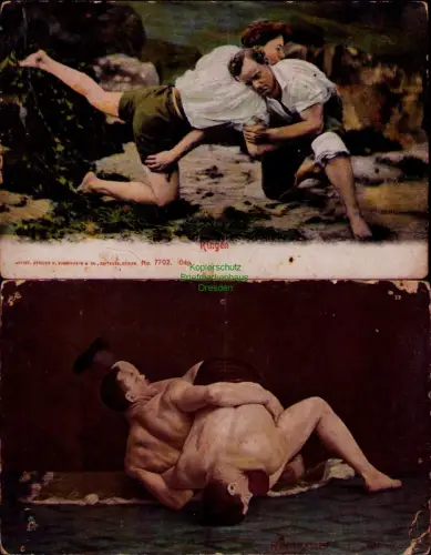 168811 2 AK Ringen Ringkämpfer Sport Dresden 1906 ARTIST. ATELIER H. GUGGENHEIM