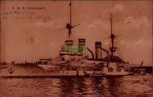 168893 AK S. M. S. Wittelsbach 1918 Feldpost Deutsche Marine Schiffspost nach Wa