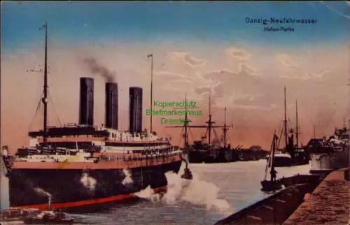 185077 AK Danzig-Neufahrwasser Hafen-Partie Feldpost MSP 140  SMS Roon  Eckbu