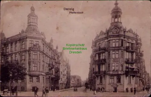 185024 AK Danzig 1917 Pfefferstadt Feldpost Blick in Straße rechts Frisirsalon