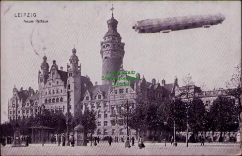 193704 AK LEIPZIG 1909 Neues Rathaus Zeppelin nach Milwaukee USA