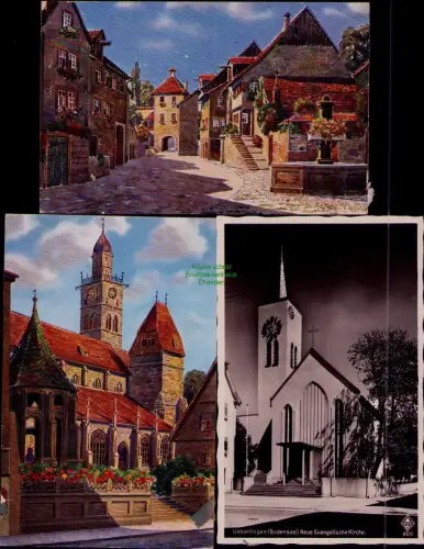 193743 3 AK Ueberlingen Bodensee Neue Evangelische Kirche 2x Künstlerkarte Aukir