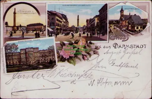 193896 AK Darmstadt 1897 Litho LOUISENPLATZ U. LUDWIGSMONUMENT RHEINSTRASSE U. L