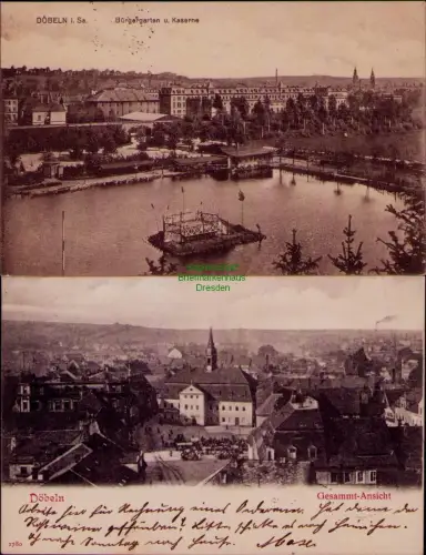 194298 2 AK DÖBELN i. Sa. 19615 Bürgergarten u. Kaserne Gesammt-Ansicht 1900