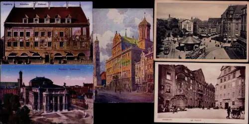 194299 5 AK Augsburg Weberhaus Südfront Stadttheater Kgl. Postamt Cafe Perlachtu