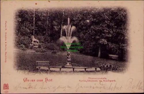 194428 AK Gruss aus Hof Bayern Theresienstein Springbrunnen im Stadtpark Platino