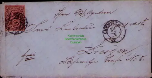 B24369 Brief Sachsen 9 II große 8 Chemnitz 1862 nach Dresden