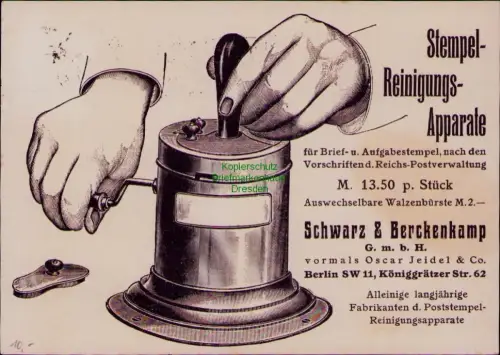 B24470 Postkarte  Berlin 1928 Werbung Reklame für Stempel Reinigungs Apparate