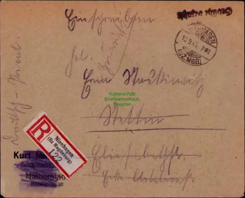 B24354 Brief SBZ Gebühr Bezahlt Einschreiben 1945 nach Stettin Stettiner Zipfel