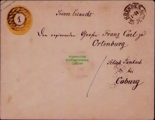 B24382 Brief Sachsen Ganzsache U 3 B Dresden 1859 an Grafen Franz carl zu Ortenb