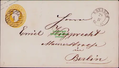 B24377 Brief Sachsen Ganzsache U 3 A Dresden 1862 Nr. Stempel 1 nach Berlin Emil