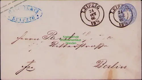 B24394 Brief Sachsen Ganzsache U 17 A Leipzig 1866 nach Berlin Adresse teilweise