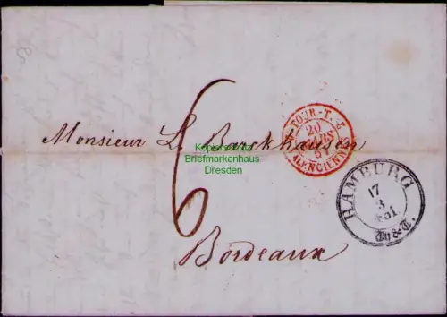 B24447 Faltbrief  Hamburg 1851 Th. & T. Thurn und Taxis mit Inhalt  nach Bordeau