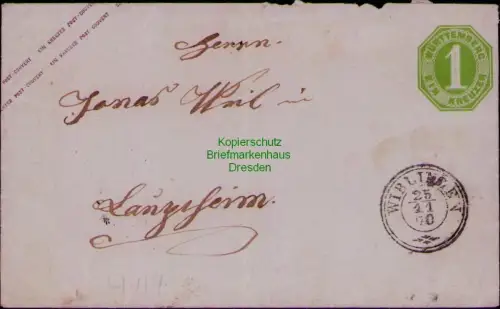 B24435 Ganzsache Württemberg 1870 Wiblingen Umschlag unsauber geöffnetrückseitig