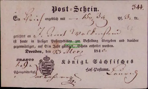 B24421 Postschein Dresden 1840 Königl. Sächsisches Hof - Postamt
