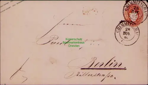 B24396 Brief Sachsen Ganzsache U 18 A Crimmitschau 1866 nach Berlin Adresse teil