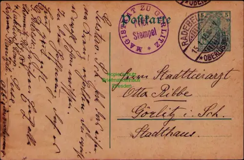 B24486 Ganzsache Heimatgeschichte Görlitz Radebeul 1915 mit Eingangsstempel Magi