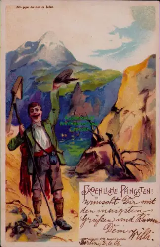 169051 AK Bitte gegen das Licht zu halten Frau in Wandertracht Berlin 1906 FRÖHL