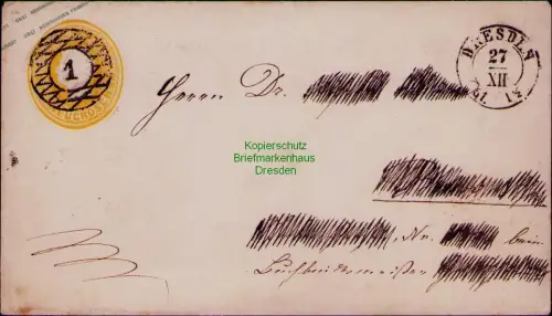 B24376 Brief Sachsen Ganzsache U 3 A Dresden 1861 Nr. Stempel 1 Adresse überschr