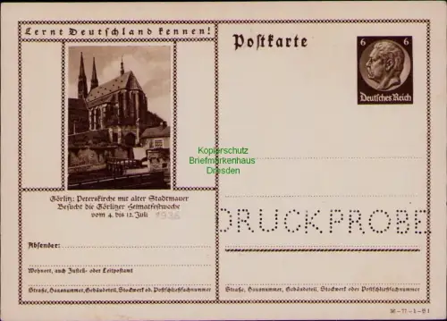 B24495 Ganzsache Lernt Deutschland kennen Görlitz 1936 Lochung Druckprobe ungebr