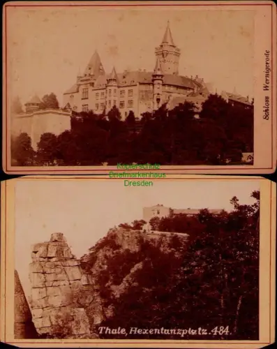 168941 2 kleine Fotos 10,5 x 6,5 auf Hartpappe Thale Hexentanzplatz Schloss Wern