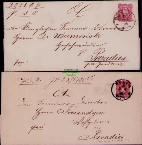 B24449 2x Faltbrief Posen 1886 1888 nach Paradies Jordan Neumark Jordanowo wiebo