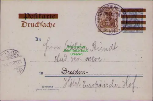 B24420 Ganzsache Postkarte Deutsches Reich Dresden Drucksache SST 3. D. Kunstgew