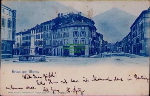 168971 AK Gruss aus Glarus 1900 Brunnen Cafe Central ARTIST. ATELIER H. GUGGENHE