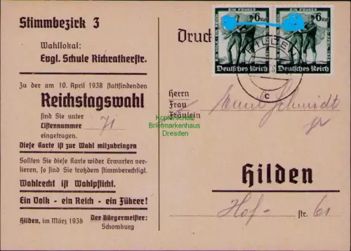 B24430 Postkarte Wahlbenachichtigung Hilden 1938 2x DR 662 Deutsches Reich