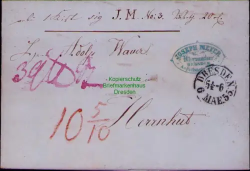 B24360 Brief Dresden 1855 Faltbrief Paketbegleitbrief nach Herrnhut Uhrmacher Jo
