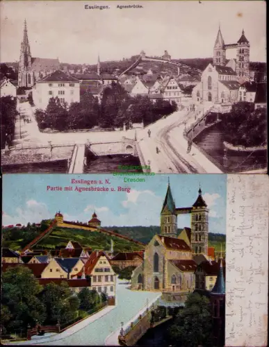 168982 2 AK Esslingen a. N. 1906  Partie mit Agnesbrücke u. Burg farbige Karte =