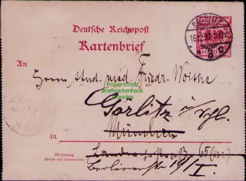 B24473 Ganzsache Kartenbrief Görlitz 1897 nach München und retour Rand bestimmin