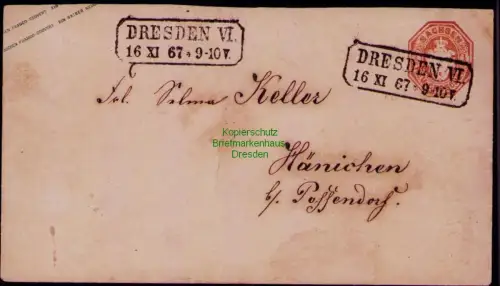 B24387 Brief Sachsen Ganzsache U 16 Dresden 1867 nach Hänichen bei Possendorf