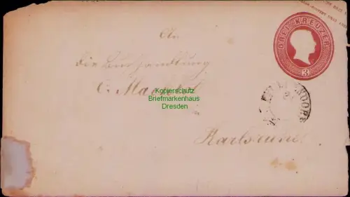 B24436 Ganzsache Baden U 6 um 1865 nach Karlsruhe , Anschriftenseite Klebestelle