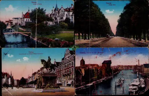 168954 4 AK Danzig 1916 Irrgarten-Partie Große Allee Partie an der Mottlau Domin