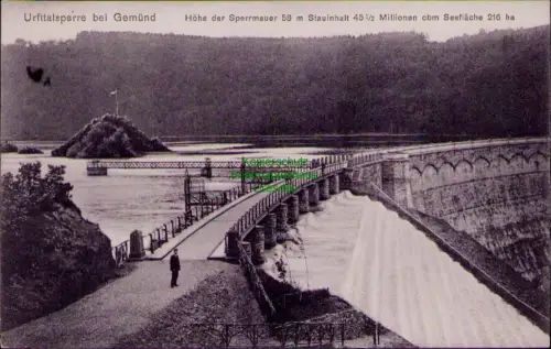 194562 AK Urfttalsperre bei Gemünd 1908 EifelHöhe der Sperrmauer 58 m Stauinhalt