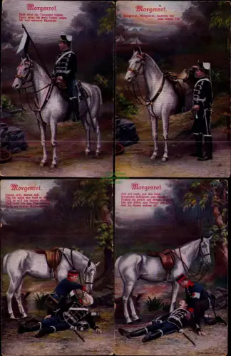 194566 4 AK Morgenrot Schimmel Husar um 1915 1. Weltkrieg Bald wird die Trompete