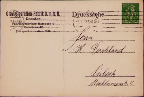 B24529 Postkarte Deutsches Reich Infla Dresden 1922 Drucksache Otavi Cigaretten