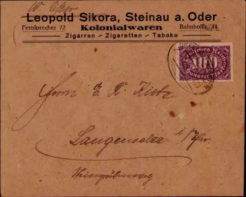 B24559 Brief Deutsches Reich Infla 1923 Steinau an der Oder Kolonialwaren Zigarr