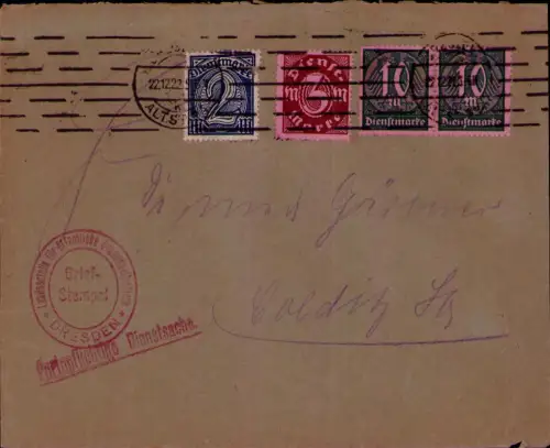 B24568 Brief Deutsches Reich Dienst Infla Dresden 22.11.1922 Landesstelle für öf