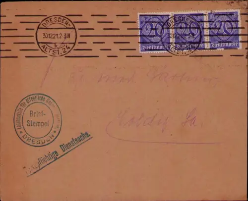 B24569 Brief Deutsches Reich Dienst Infla Dresden 30.12.1921 Landesstelle für öf