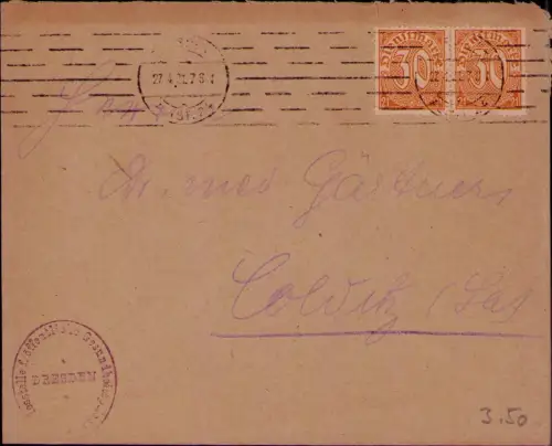 B24570 Brief Deutsches Reich Dienst Infla Dresden 27.4.1921 Landesstelle für öff