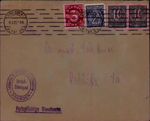 B24571 Brief Deutsches Reich Dienst Infla Dresden -6.1.1923 Landesstelle für öff