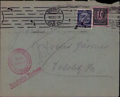 B24572 Brief Deutsches Reich Dienst Infla Dresden -9.12.1922 Landesstelle für öf