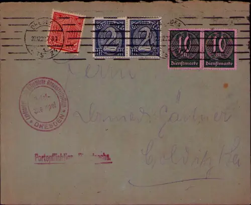 B24573 Brief Deutsches Reich Dienst Infla Dresden 20.12.1922 Landesstelle für öf