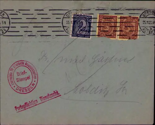 B24575 Brief Deutsches Reich Dienst Infla Dresden 25.11.1922 Landesstelle für öf