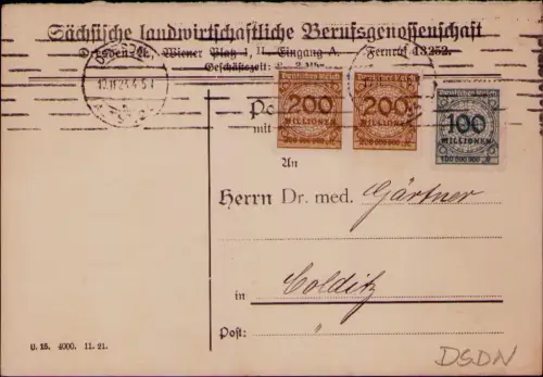 B24596 Postkarte Deutsches Reich Infla Dresden Hochinflation 10.11.1923 Sächsisc