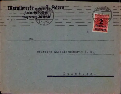B24607 Brief Deutsches Reich Infla 1923 Magdeburg Neustadt Metallwerke vormals J